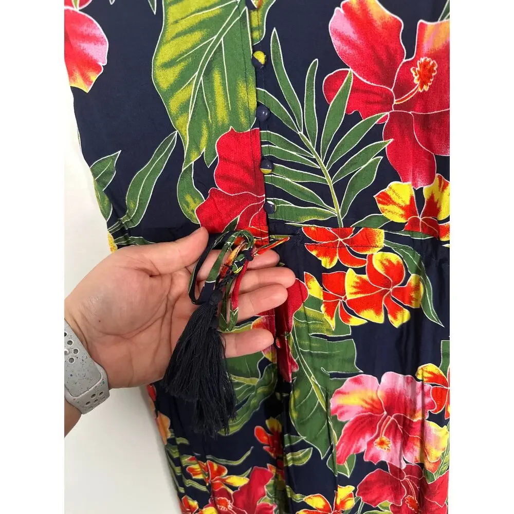 Lulus PURA VIDA NAVY BLUE TROPICAL PRINT BUTTON-UP HIGH-LOW MIDI DRESS Small - Picture 3 of 10